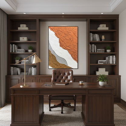 Abstract burnt orange white oil painting in a sophisticated home office