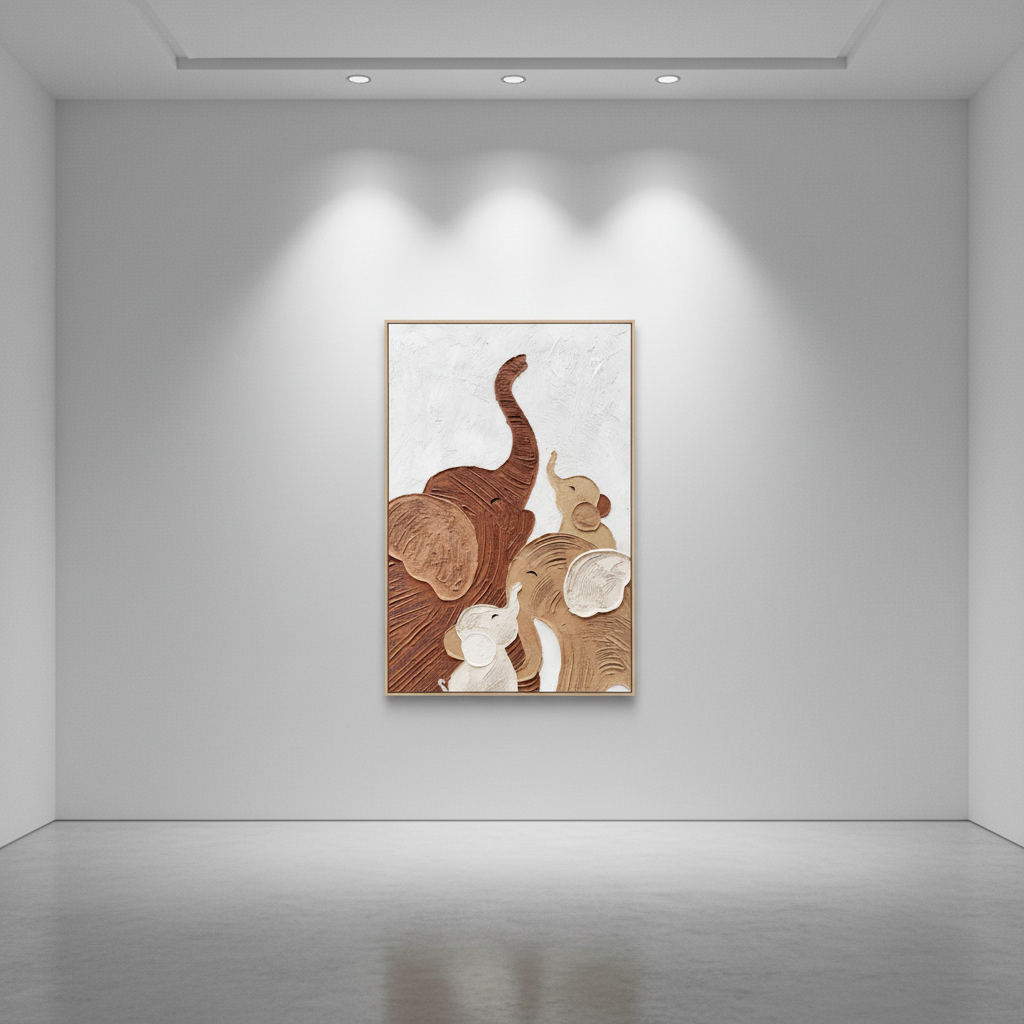 Three elephant family impasto oil painting in an art gallery