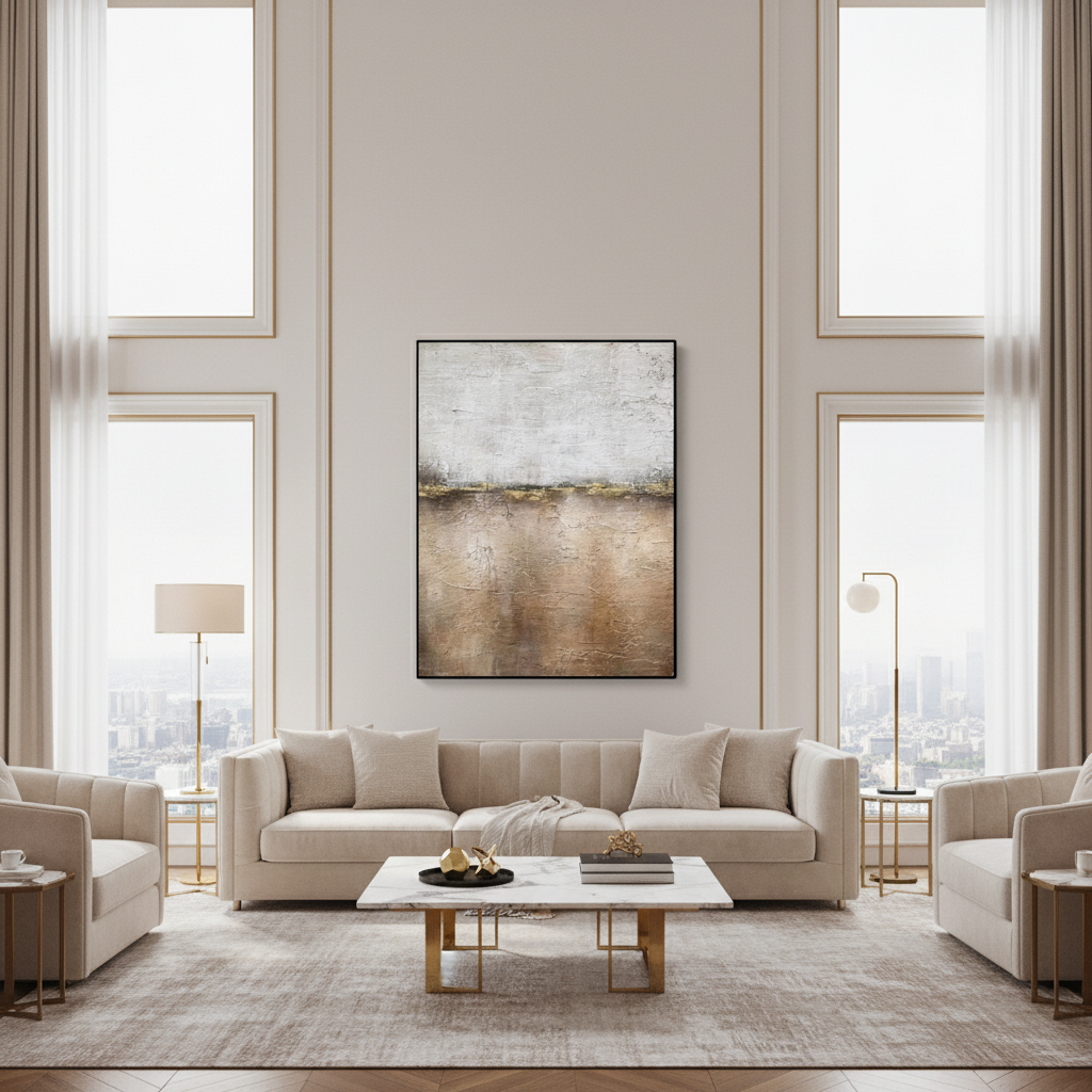 Abstract grey brown horizon landscape oil painting in a luxury modern living room