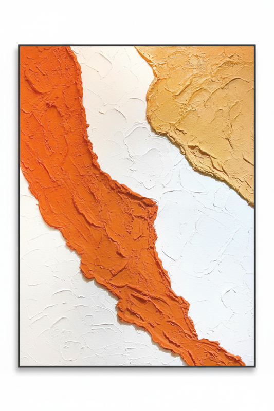 Abstract burnt orange white gold river impasto oil painting no frame white background