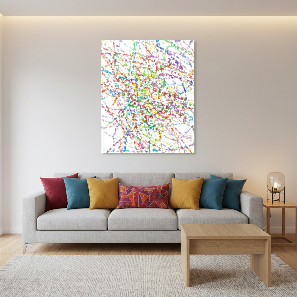 Multicolor drip splatter abstract oil painting in a Scandinavian living room
