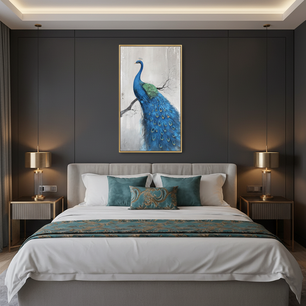 Blue peacock on branch oil painting in a luxurious dark bedroom
