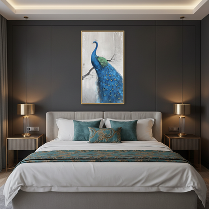 Blue peacock on branch oil painting in a luxurious dark bedroom