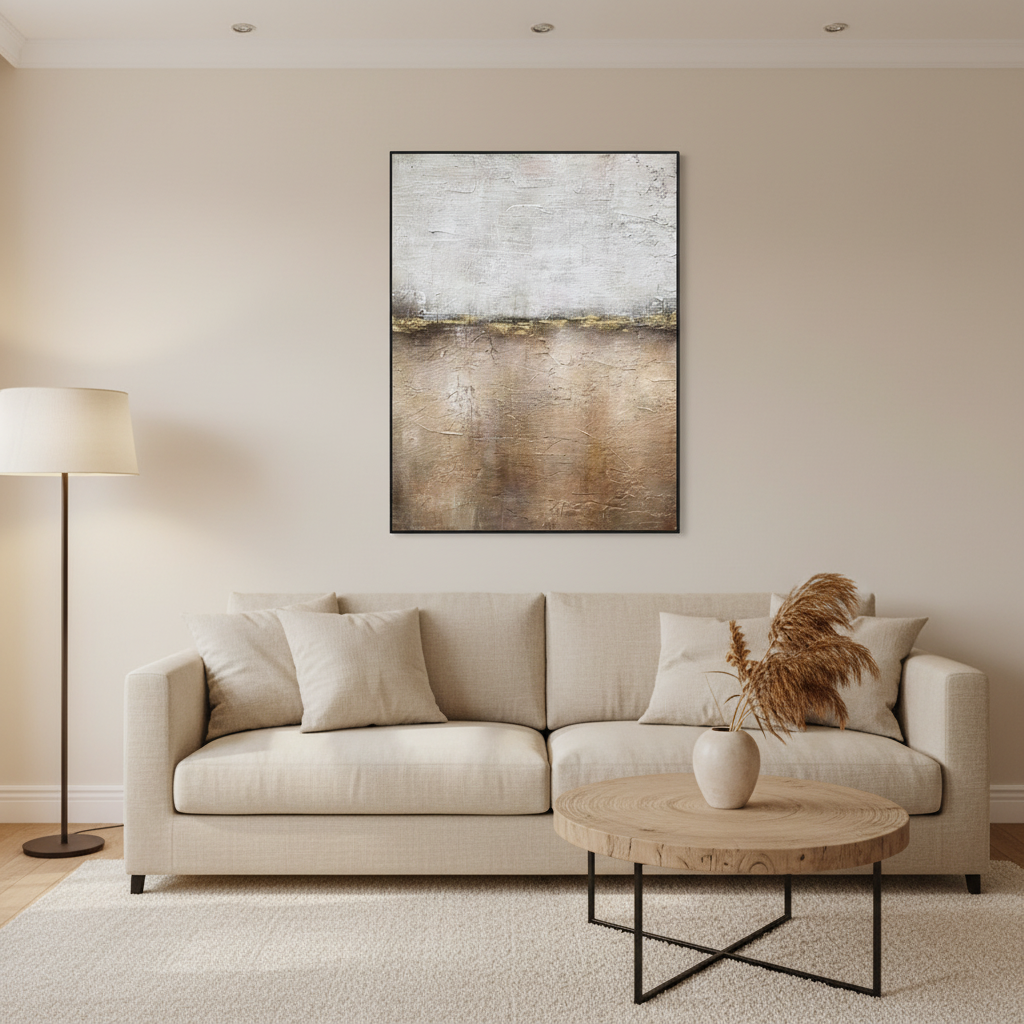 Abstract grey brown horizon landscape oil painting in a warm modern living room