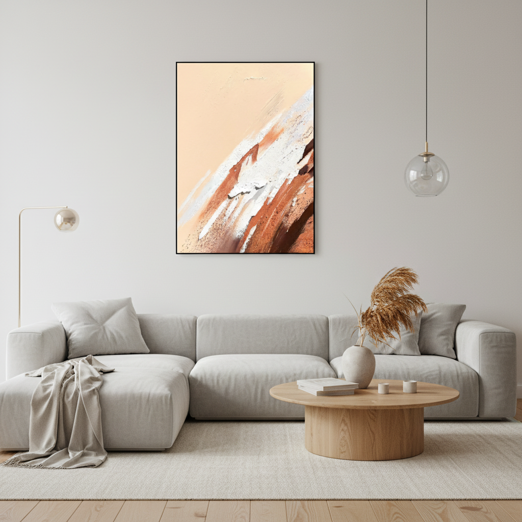 Abstract peach beige copper brushstroke oil painting in a Scandinavian living room