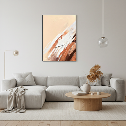 Abstract peach beige copper brushstroke oil painting in a Scandinavian living room