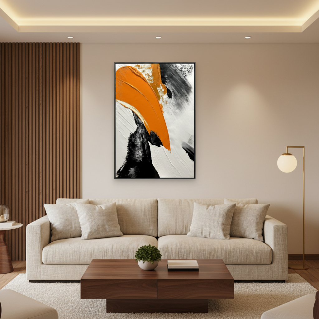 Abstract orange black arc oil painting in a warm modern living room