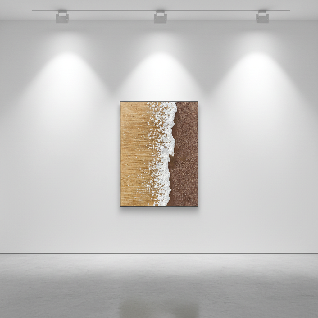 Abstract golden sand white ocean foam beach wave oil painting in an art gallery