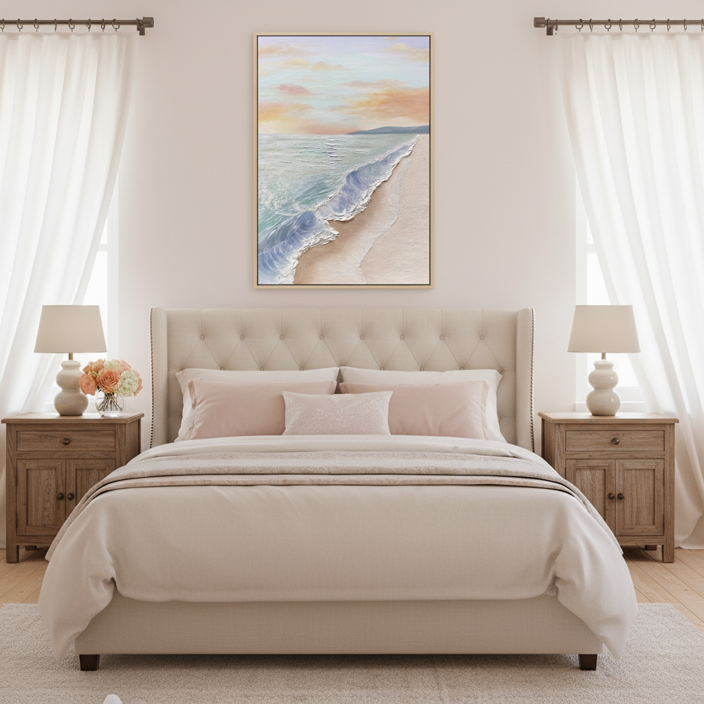 Sunset beach oil painting in a romantic coastal bedroom