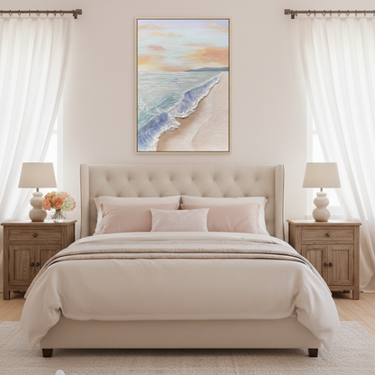 Sunset beach oil painting in a romantic coastal bedroom