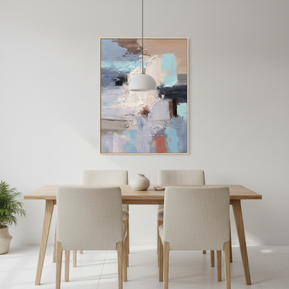 Abstract cream blue coral geometric oil painting in a Scandinavian dining room
