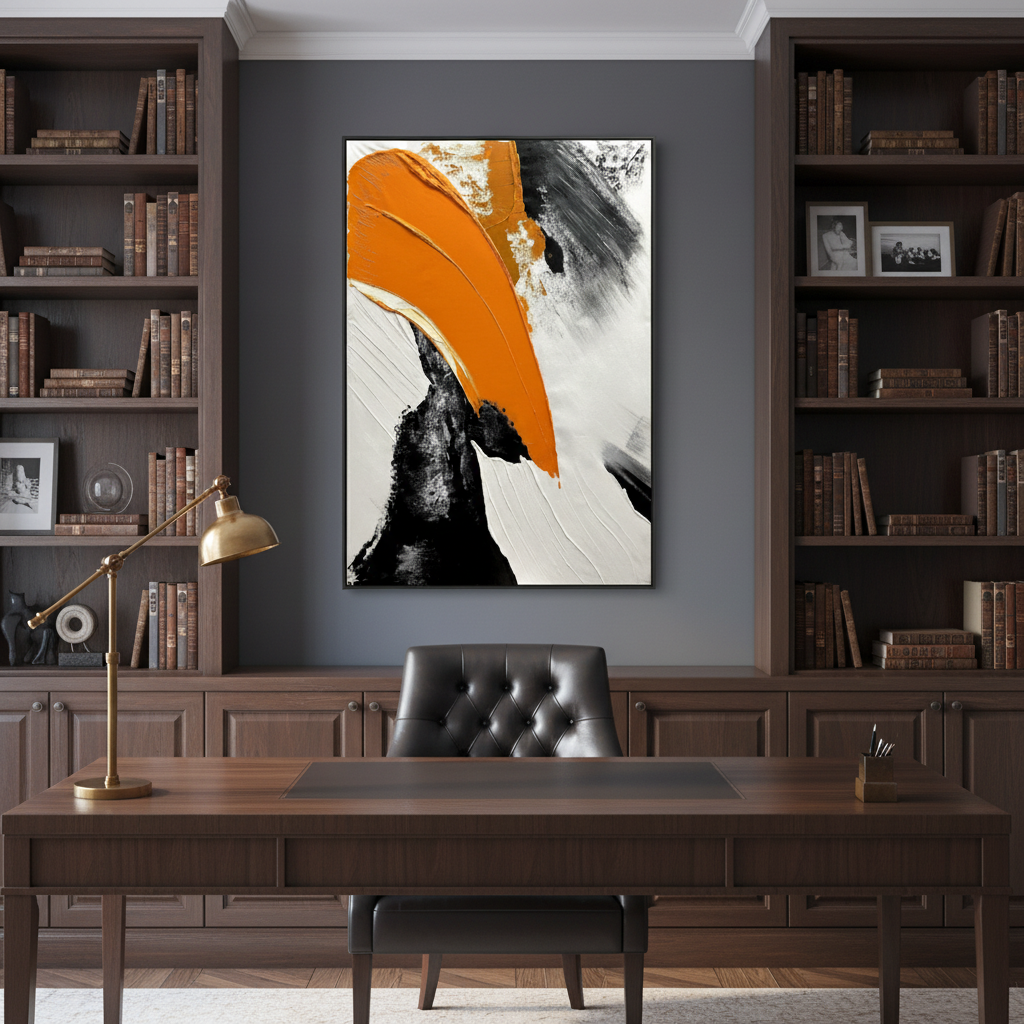 Abstract orange black arc oil painting in a sophisticated home office