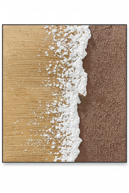 Abstract golden sand white ocean foam brown wet sand impasto oil painting no frame white background