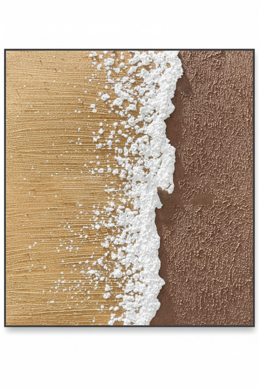 Abstract golden sand white ocean foam brown wet sand impasto oil painting no frame white background