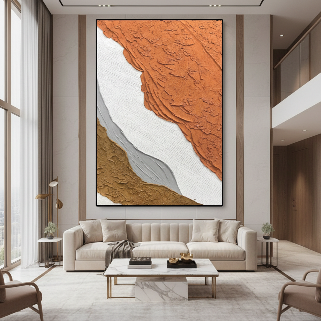 Abstract burnt orange white oil painting in a luxury modern living room