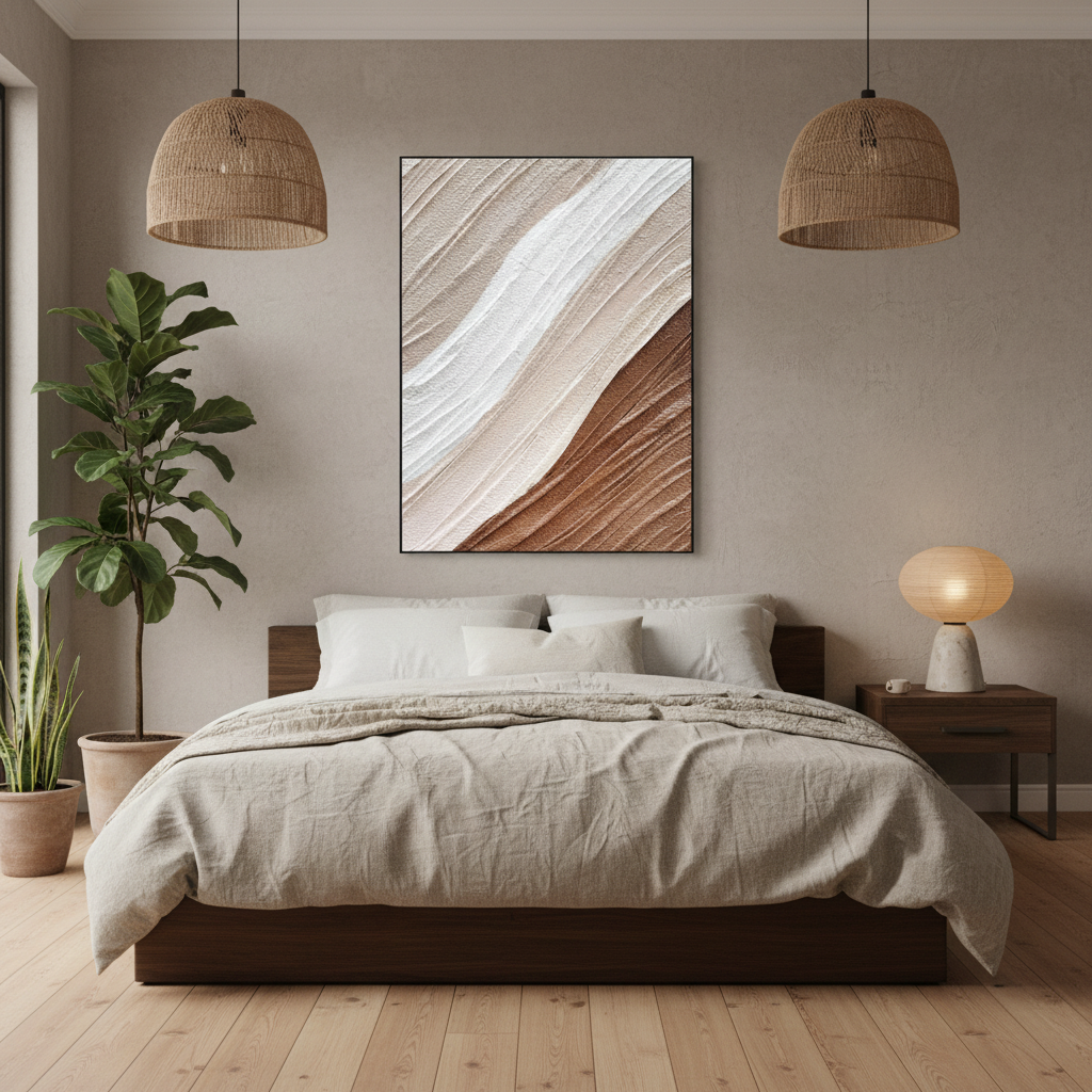 Abstract cream copper brown desert sand oil painting in a Japandi bedroom