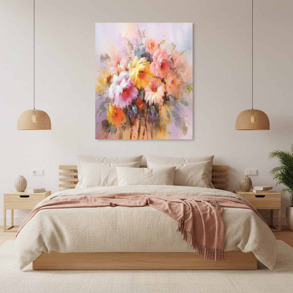 Soft impressionist mixed flower bouquet oil painting in a Japandi bedroom