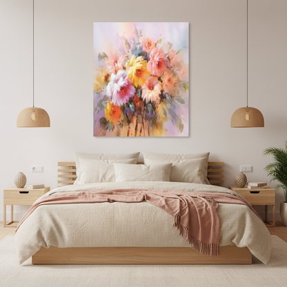 Soft impressionist mixed flower bouquet oil painting in a Japandi bedroom