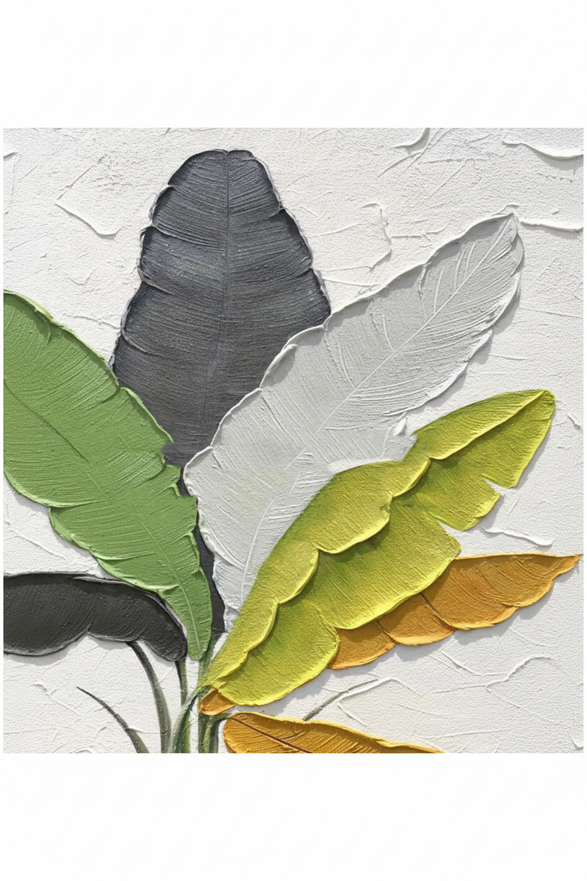 Multi-color tropical banana leaf fan impasto oil painting no frame white background