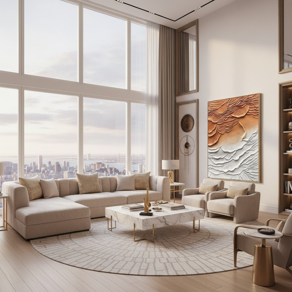 Abstract terracotta orange white cloud dune oil painting in a luxury modern living room