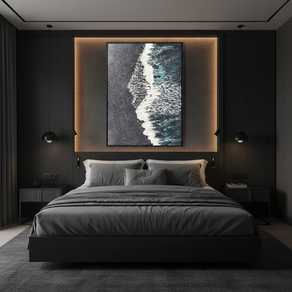 Black sand beach oil painting in a luxury hotel bedroom