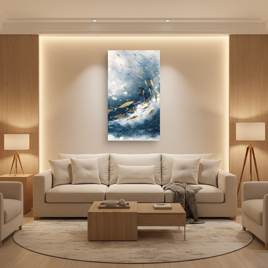 Golden fish school ocean oil painting in a warm modern living room