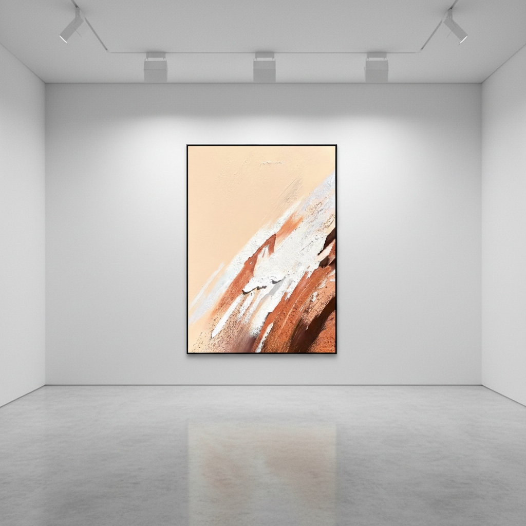 Abstract peach beige copper brushstroke oil painting in an art gallery
