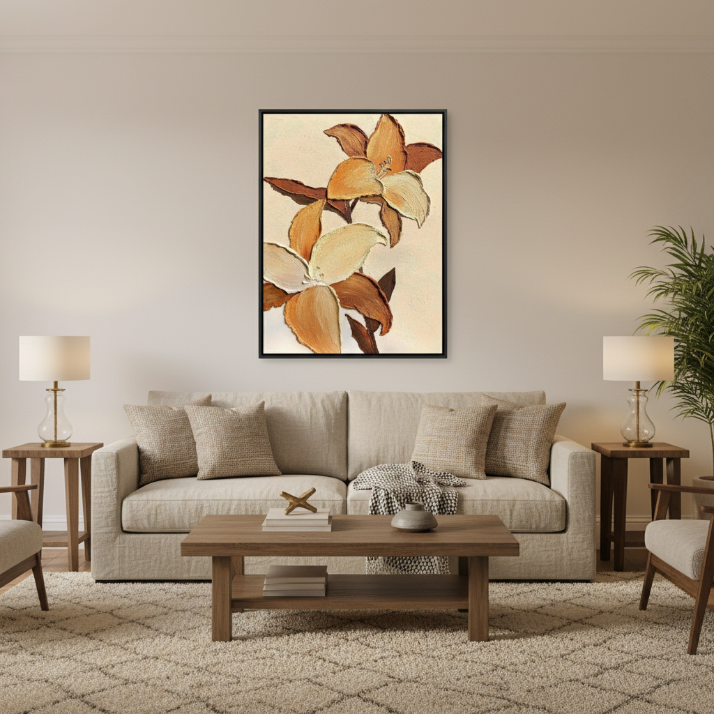 Caramel cream magnolia branch oil painting in a warm modern living room