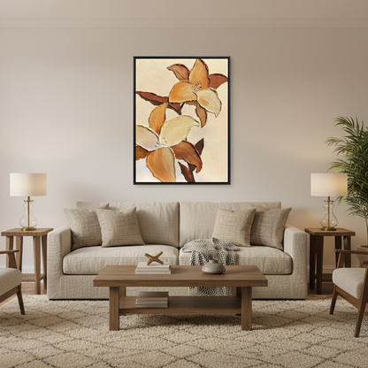 Caramel cream magnolia branch oil painting in a warm modern living room