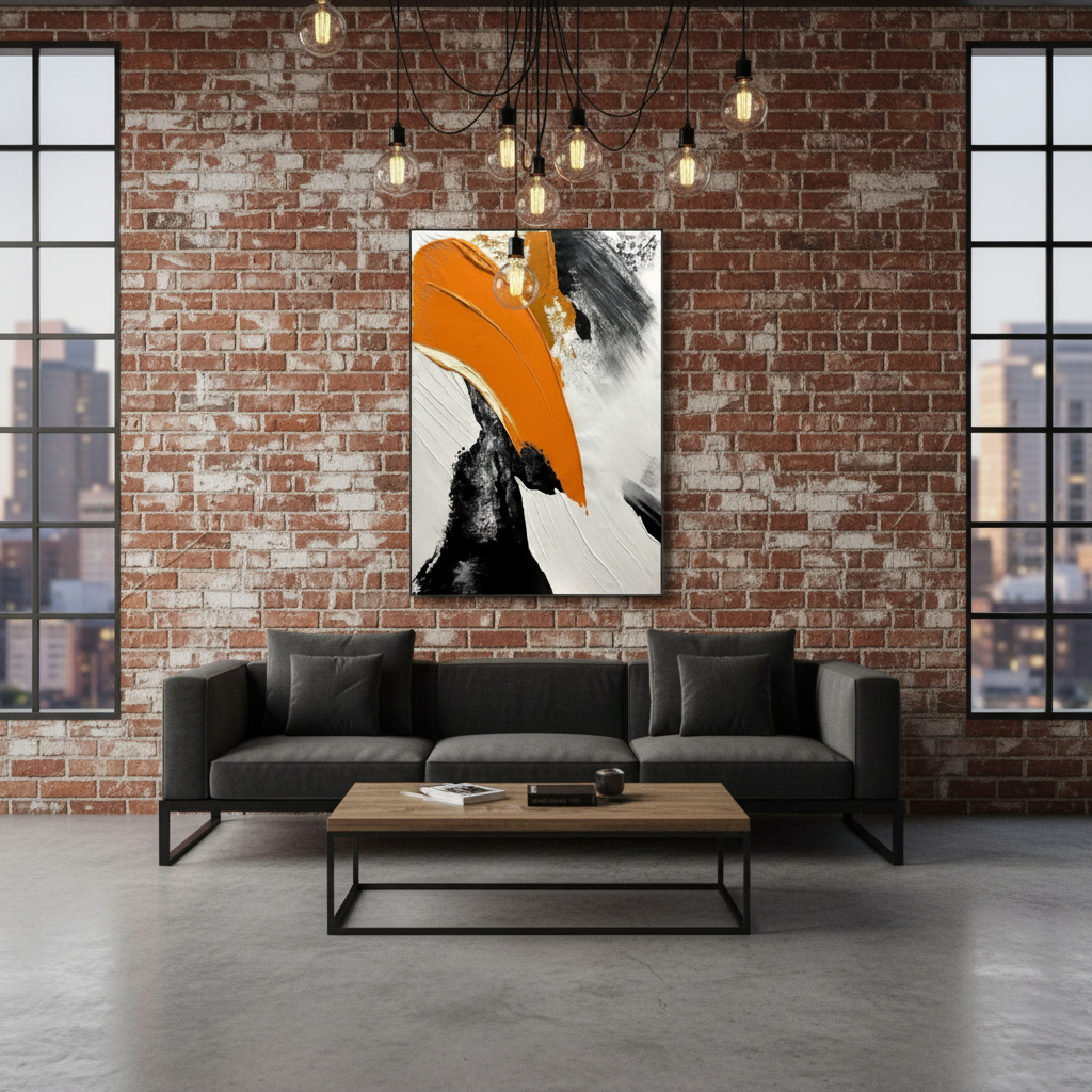 Abstract orange black arc oil painting in an industrial loft