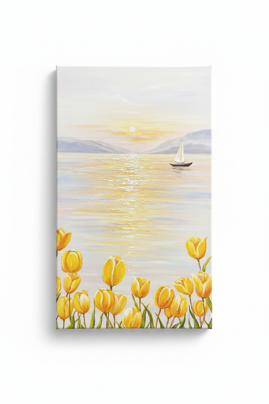 Yellow tulip lakeside sailboat sunrise oil painting no frame white background