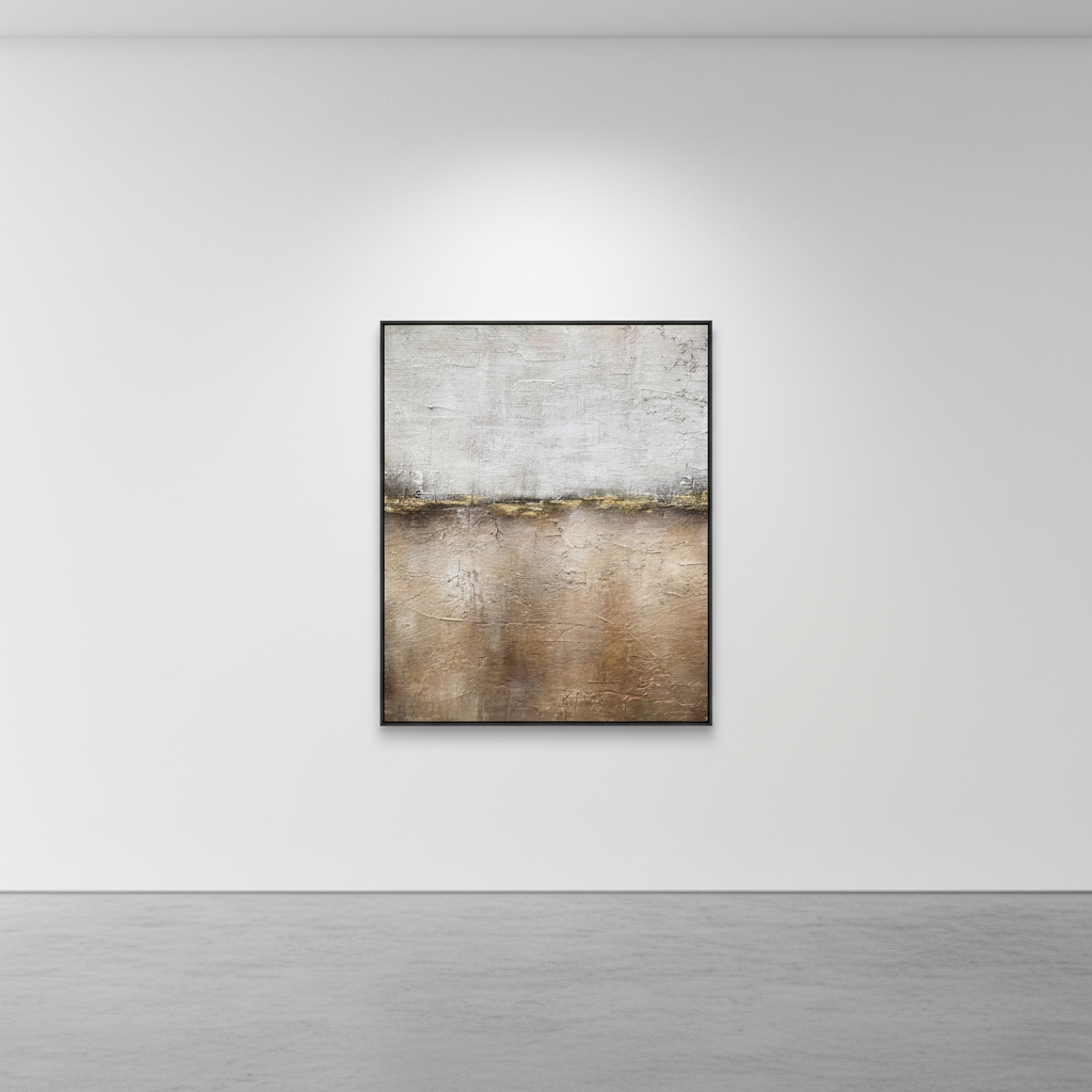 Abstract grey brown horizon landscape oil painting in an art gallery
