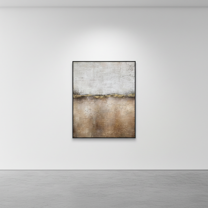 Abstract grey brown horizon landscape oil painting in an art gallery
