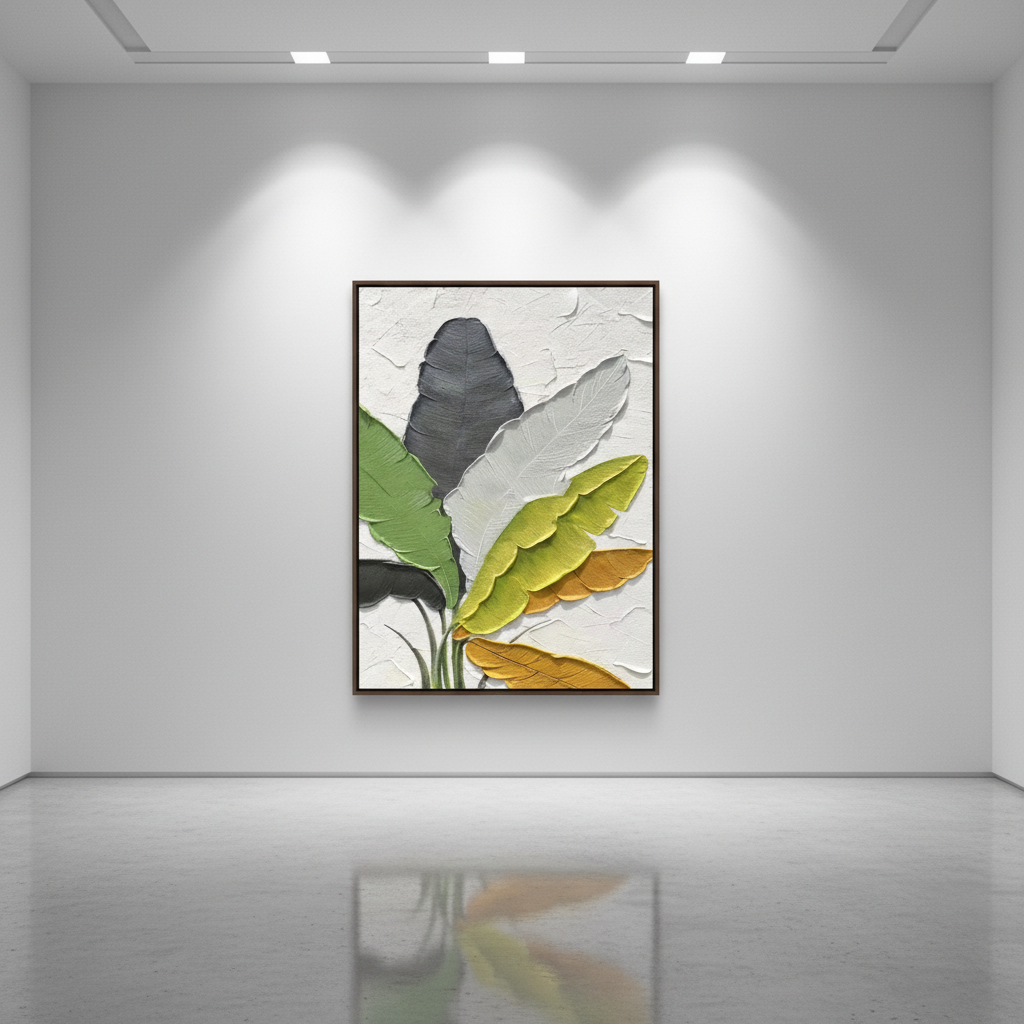 Multi-color tropical banana leaf oil painting in an art gallery