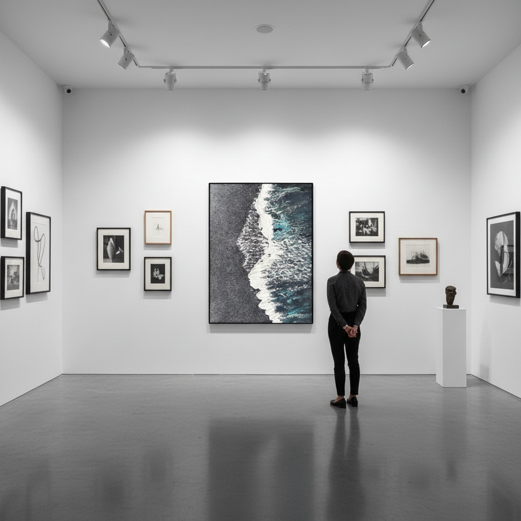 Black sand beach oil painting in an art gallery