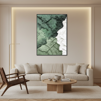 Abstract forest green white cliff oil painting in a warm modern living room