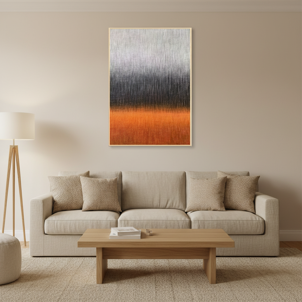 Abstract silver grey orange red storm fire oil painting in a warm modern living room