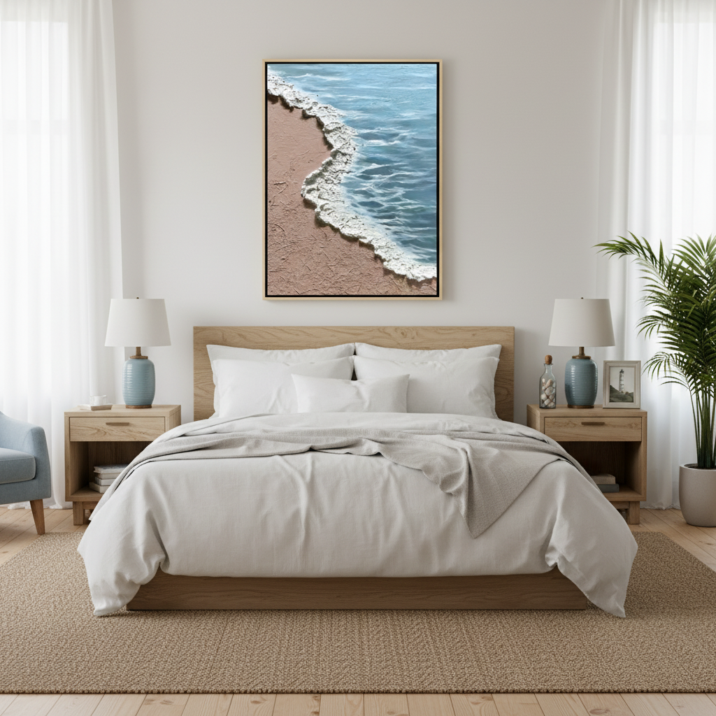 Beach shoreline oil painting in a coastal bedroom