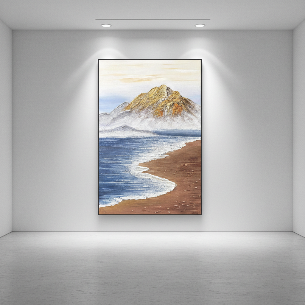 Coastal mountain bay oil painting in an art gallery