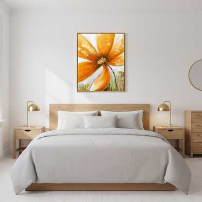 Golden orange flower gold accent oil painting in a Scandinavian bedroom