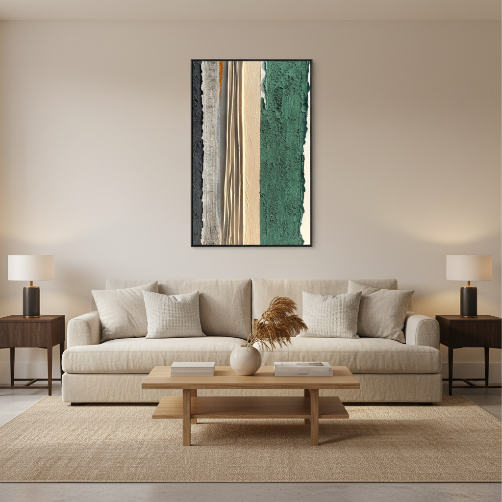 Abstract vertical stripe oil painting in a warm modern living room