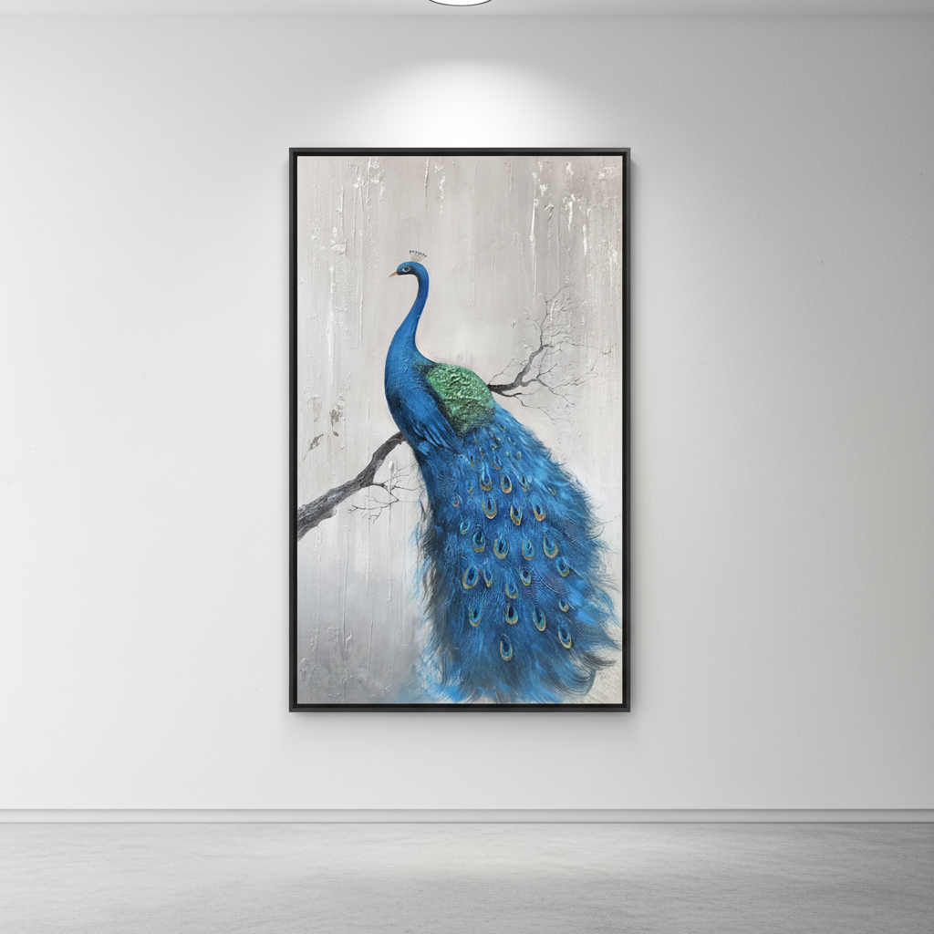 Blue peacock on branch oil painting in an art gallery