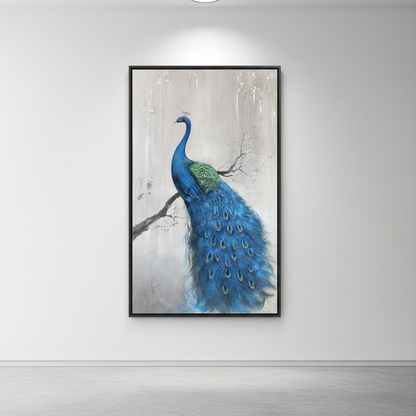 Blue peacock on branch oil painting in an art gallery