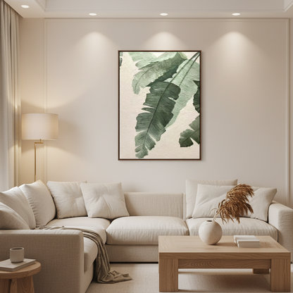 Dark forest green banana leaf oil painting in a warm modern living room