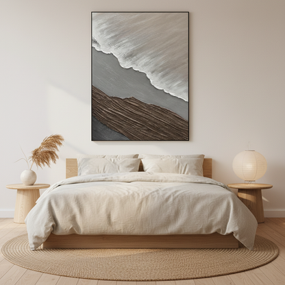 Grey wave oil painting in a Japandi bedroom