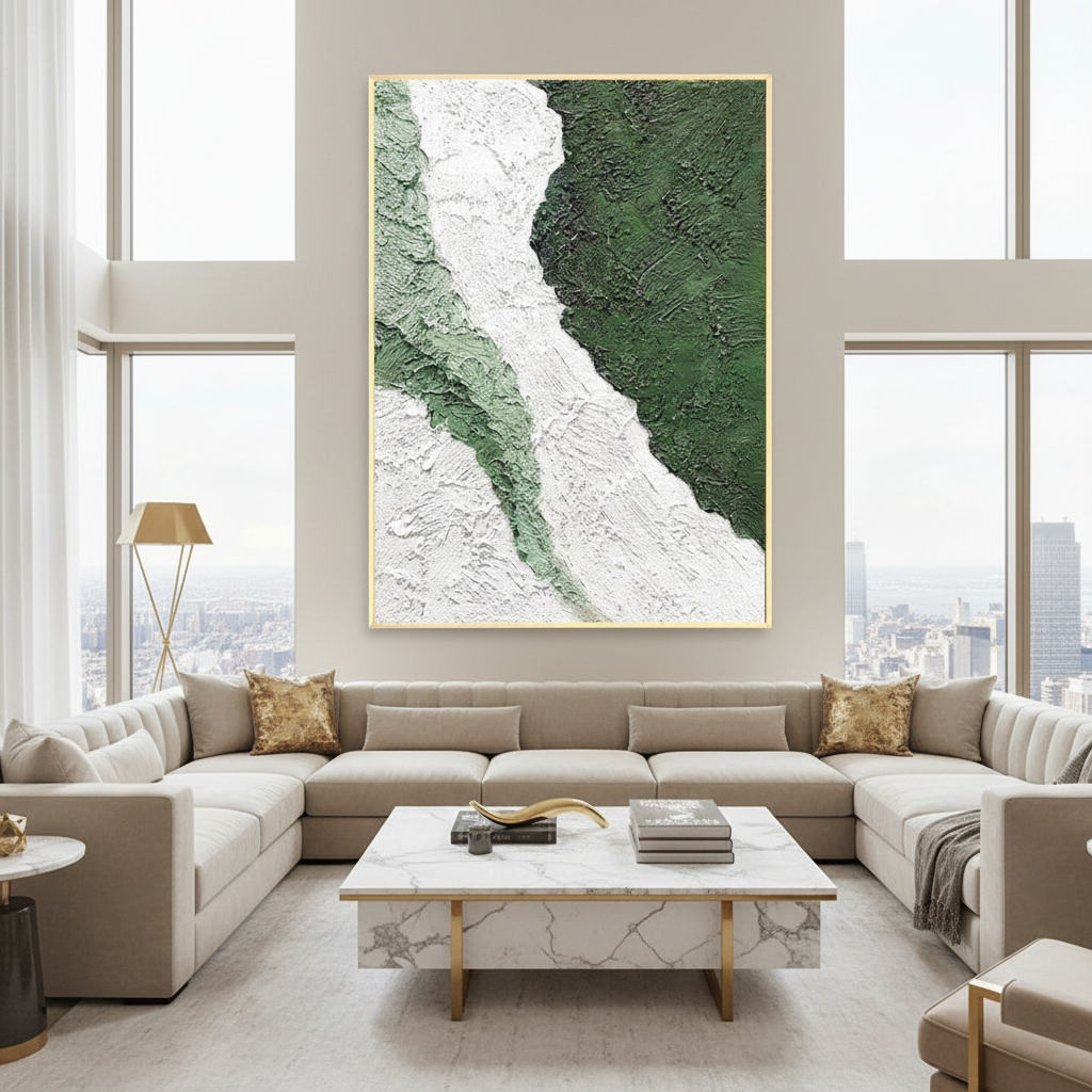 Abstract green white glacier river oil painting in a luxury modern living room