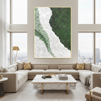 Abstract green white glacier river oil painting in a luxury modern living room