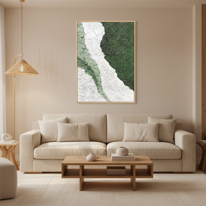 Abstract green white glacier river oil painting in a warm modern living room