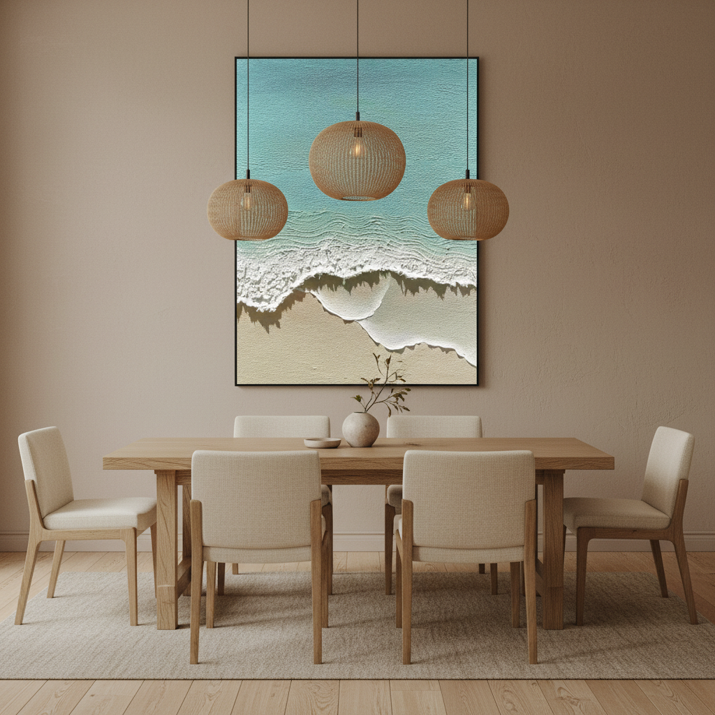 Turquoise ocean oil painting in a Japandi dining room