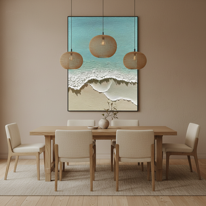 Turquoise ocean oil painting in a Japandi dining room